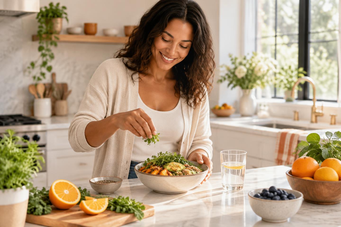 Woman preparing a balanced meal as part of a healthy daily routine